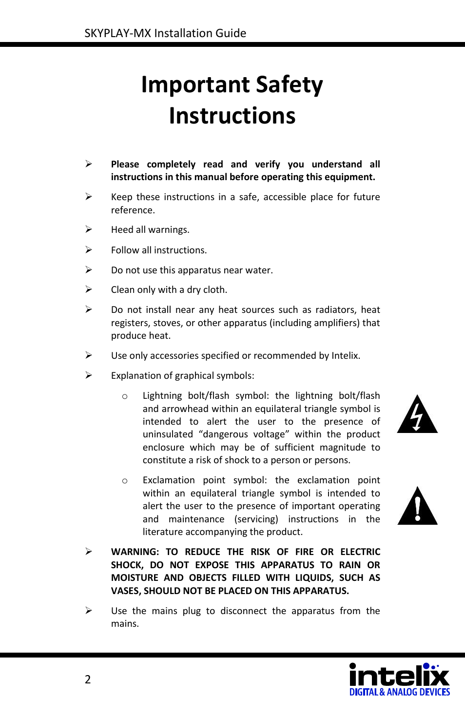 Important safety instructions | Intelix SKYPLAY-MX-R User Manual | Page 2 / 26