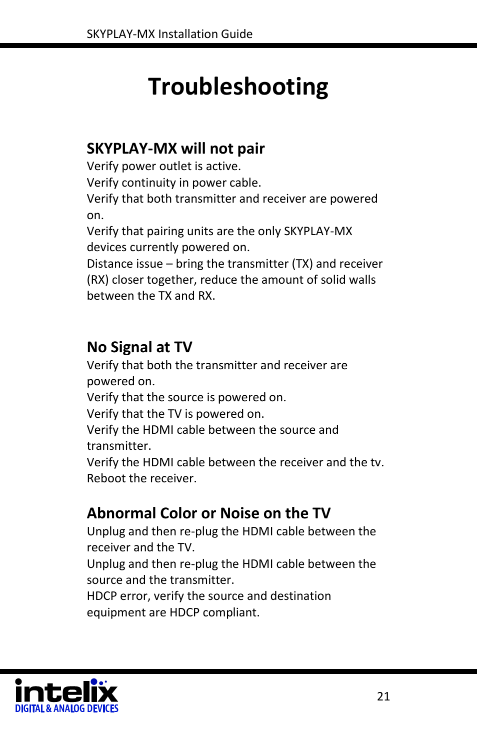 Troubleshooting | Intelix SKYPLAY-MX-R User Manual | Page 21 / 26