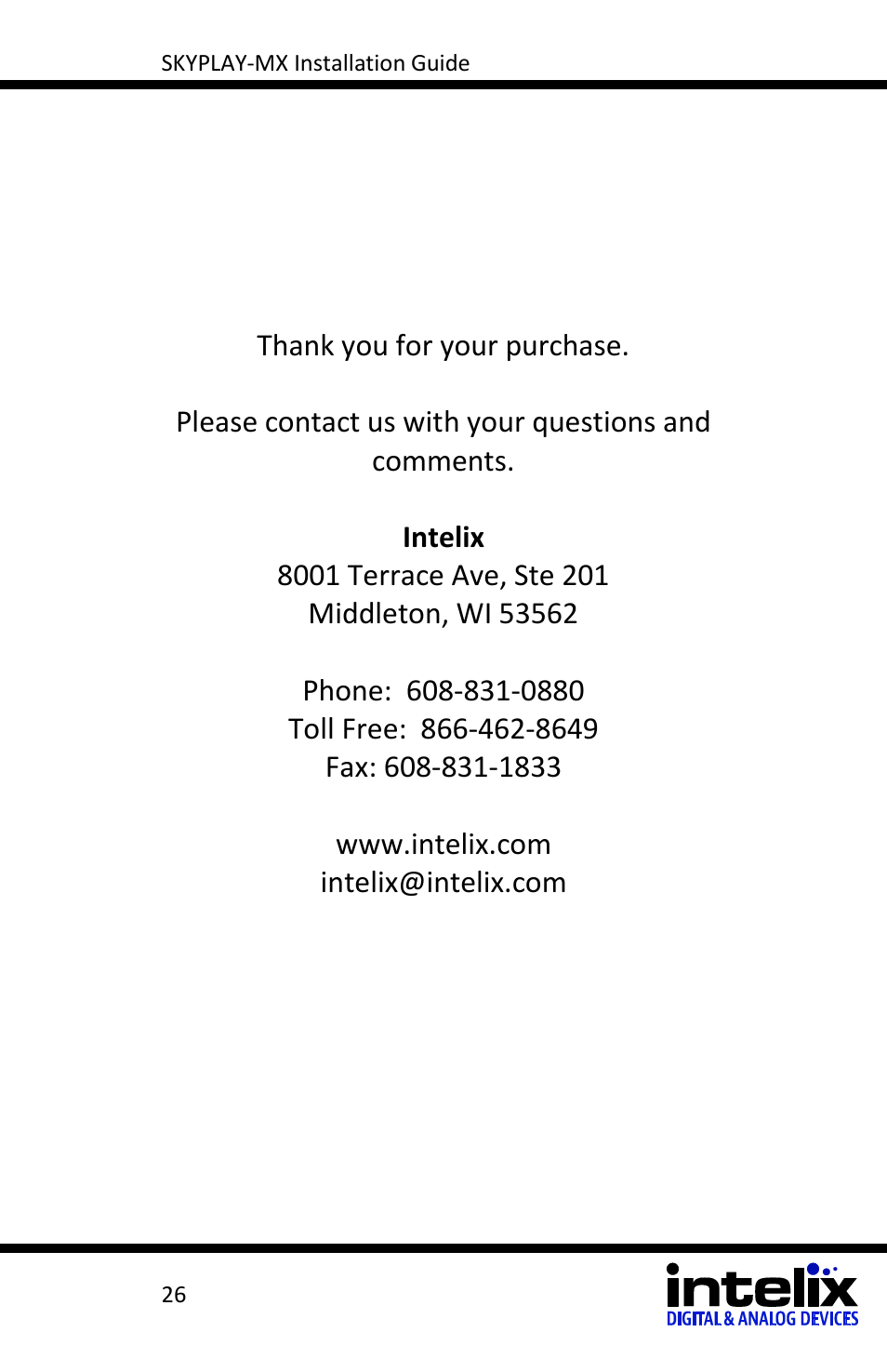 Intelix SKYPLAY-MX-R User Manual | Page 26 / 26