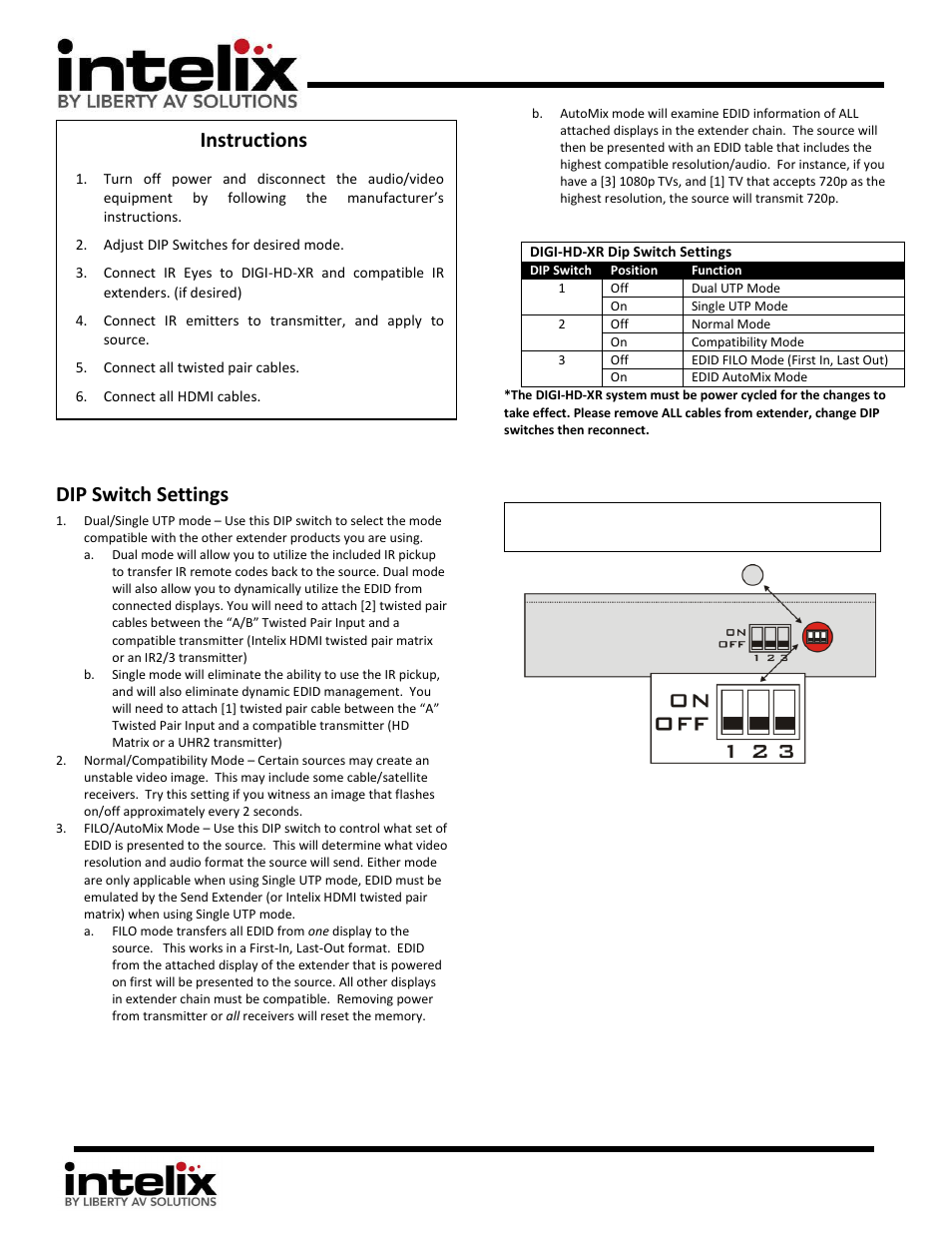 Dip switch settings, Instructions | Intelix DIGI-HD-XR User Manual | Page 2 / 4