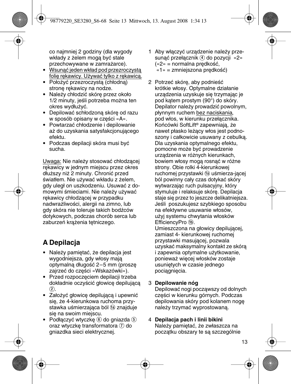 A depilacja | Braun 3280 User Manual | Page 13 / 64