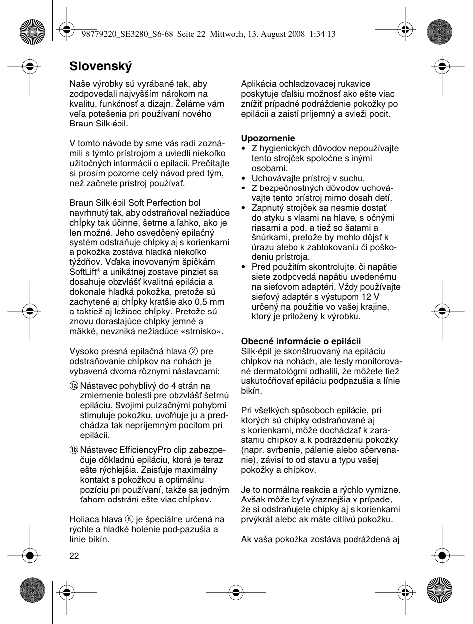 Slovensk | Braun 3280 User Manual | Page 22 / 64