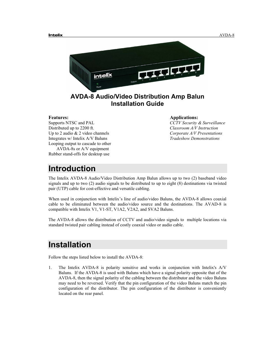 Intelix AVDA-8-F User Manual | 6 pages