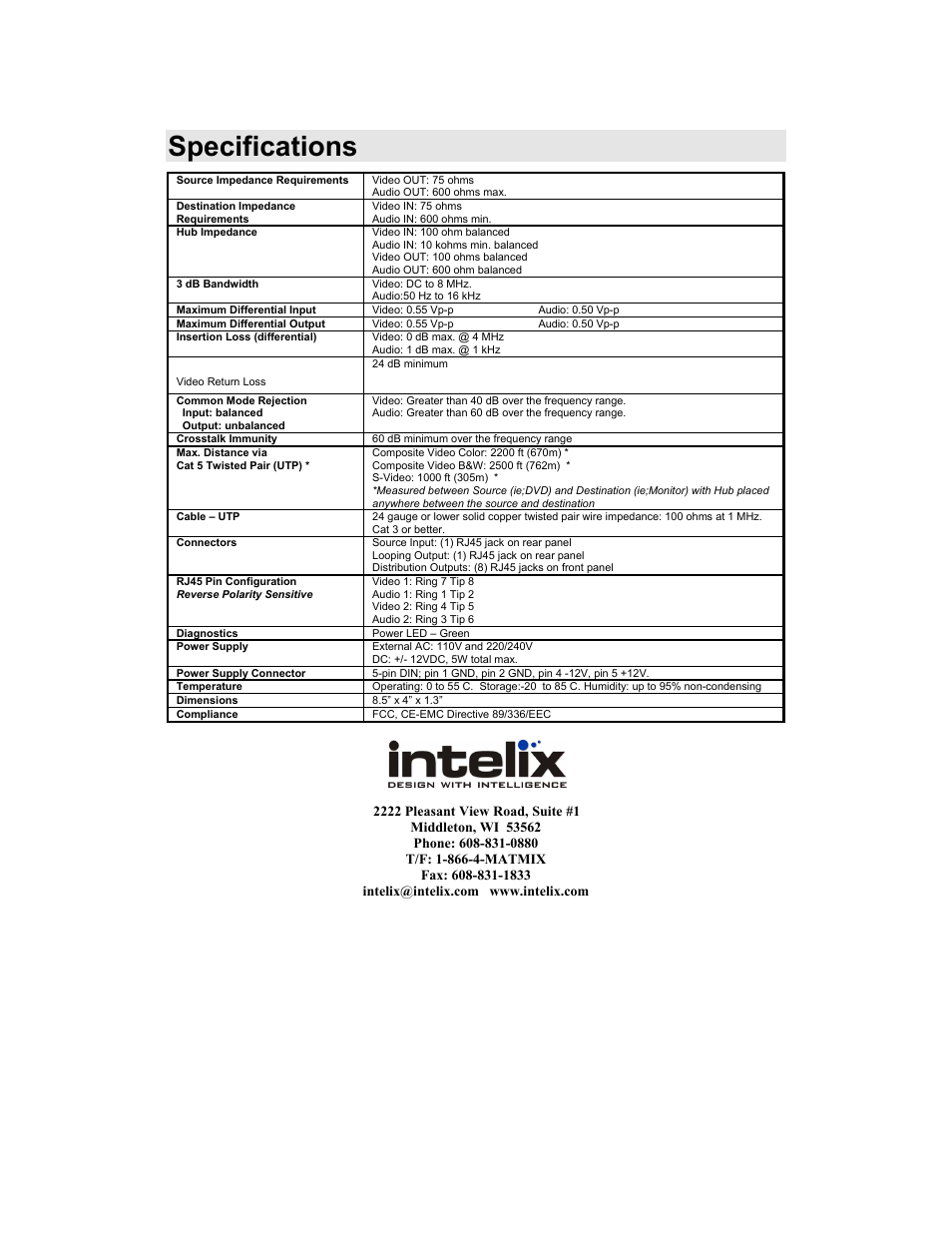 Specifications | Intelix AVDA-8-F User Manual | Page 6 / 6