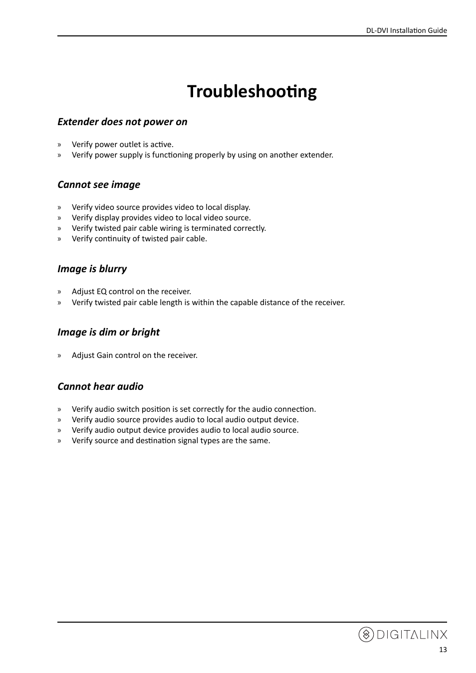 Troubleshooting, Extender does not power on, Cannot see image | Image is blurry, Image is dim or bright, Cannot hear audio | Intelix DL-DVI-R100 User Manual | Page 13 / 16