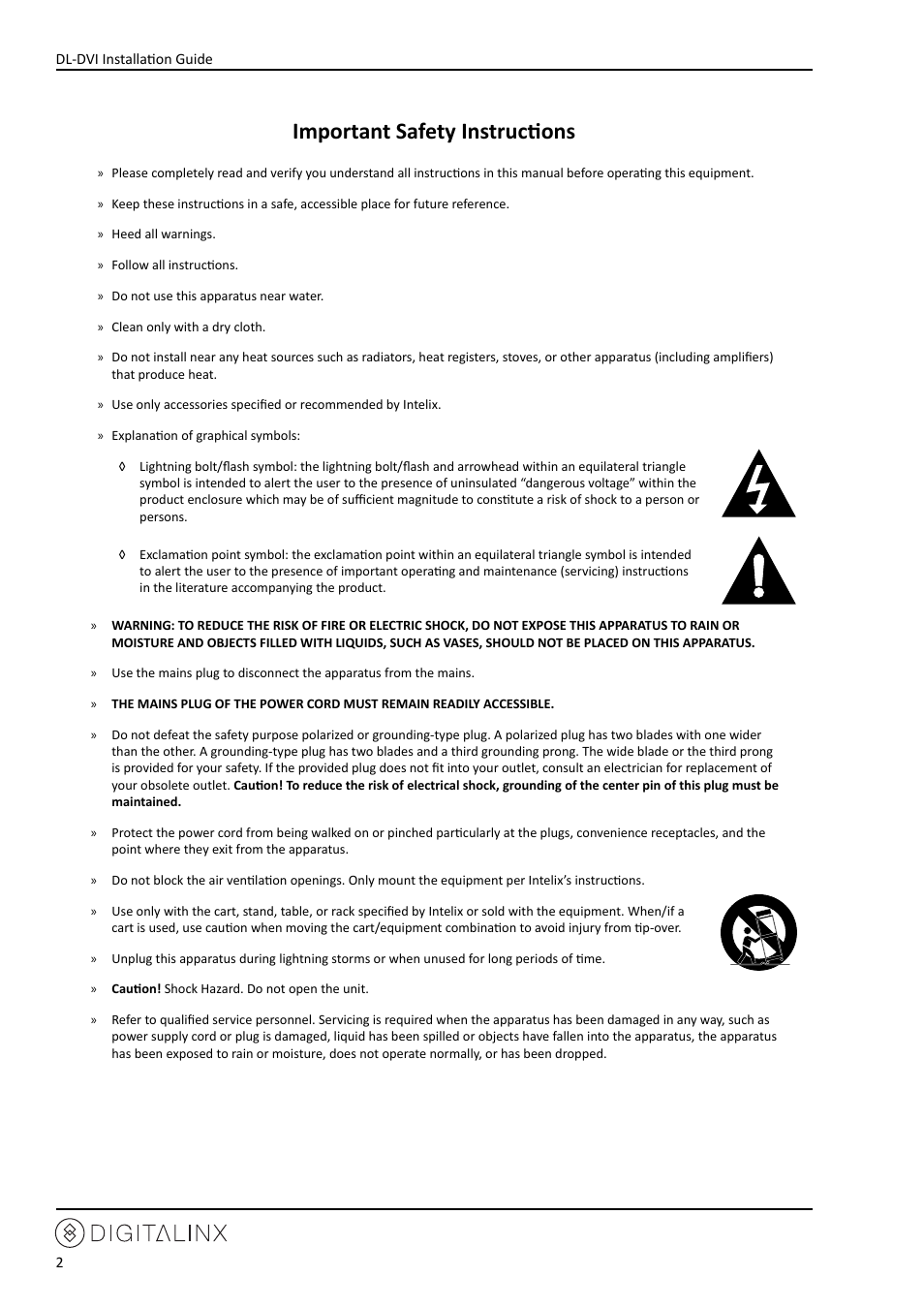 Important safety instructions | Intelix DL-DVI-R100 User Manual | Page 2 / 16