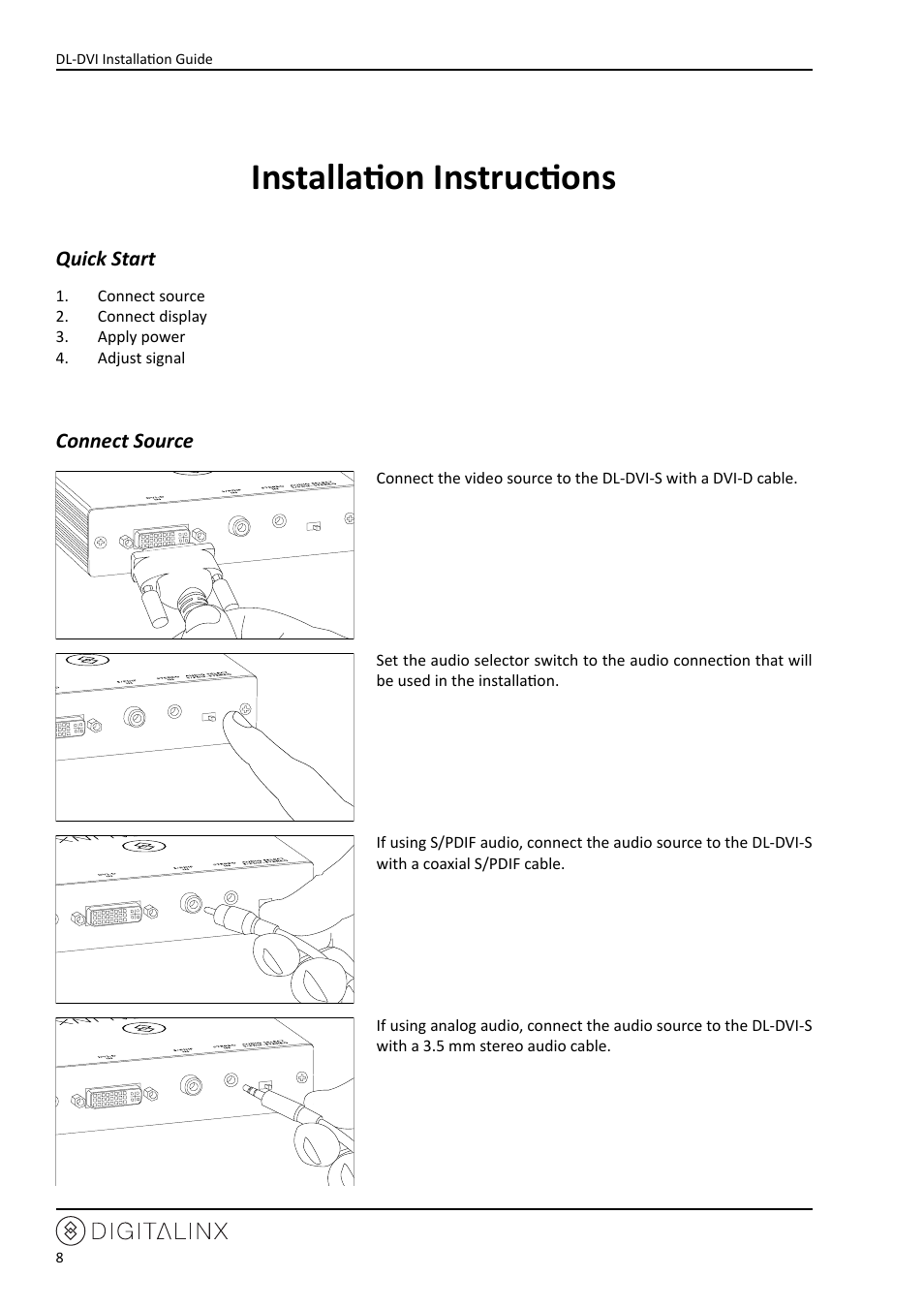 Installation instructions, Quick start, Connect source | Quick start connect source | Intelix DL-DVI-R100 User Manual | Page 8 / 16