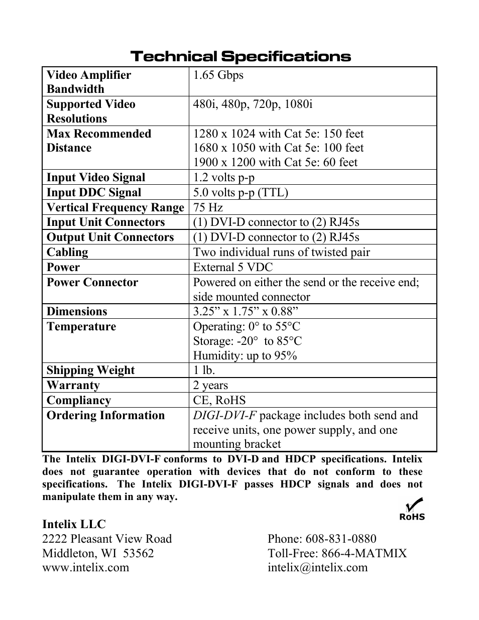 Technical specifications | Intelix DIGI-DVI-F User Manual | Page 4 / 4