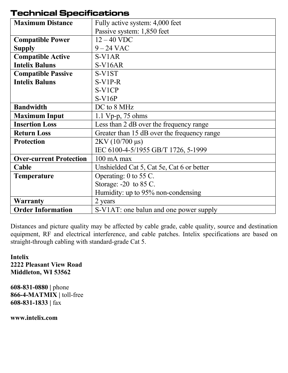 Technical specifications | Intelix S-V1AT User Manual | Page 4 / 4