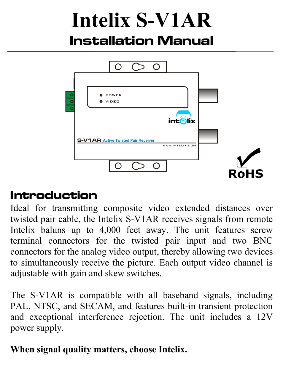 Intelix S-V1AR User Manual | 4 pages