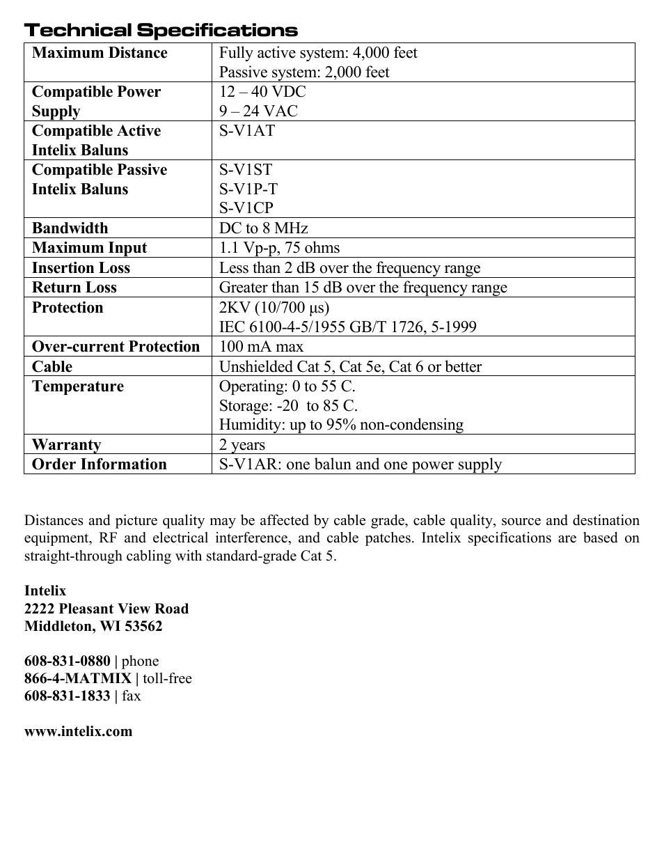 Technical specifications | Intelix S-V1AR User Manual | Page 4 / 4