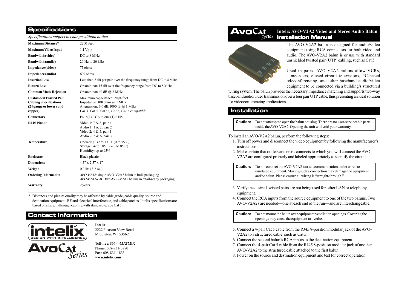 Intelix AVO-V2A2-F User Manual | 2 pages