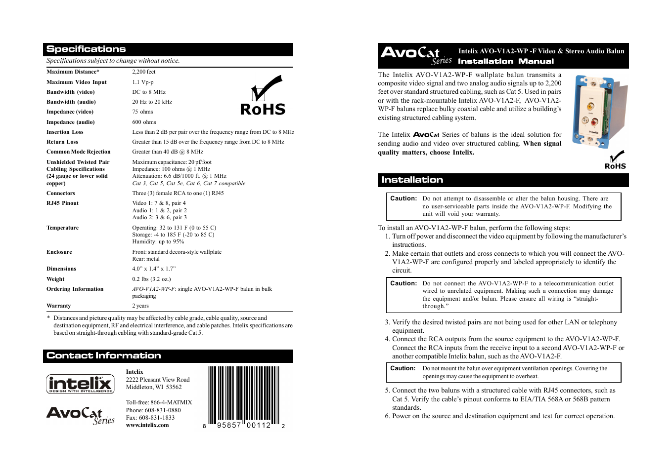 Intelix AVO-V1A2-WP-F User Manual | 2 pages