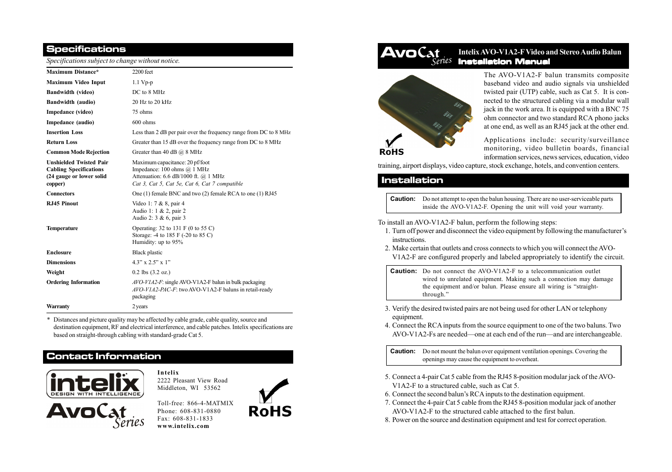 Intelix AVO-V1A2-F User Manual | 2 pages