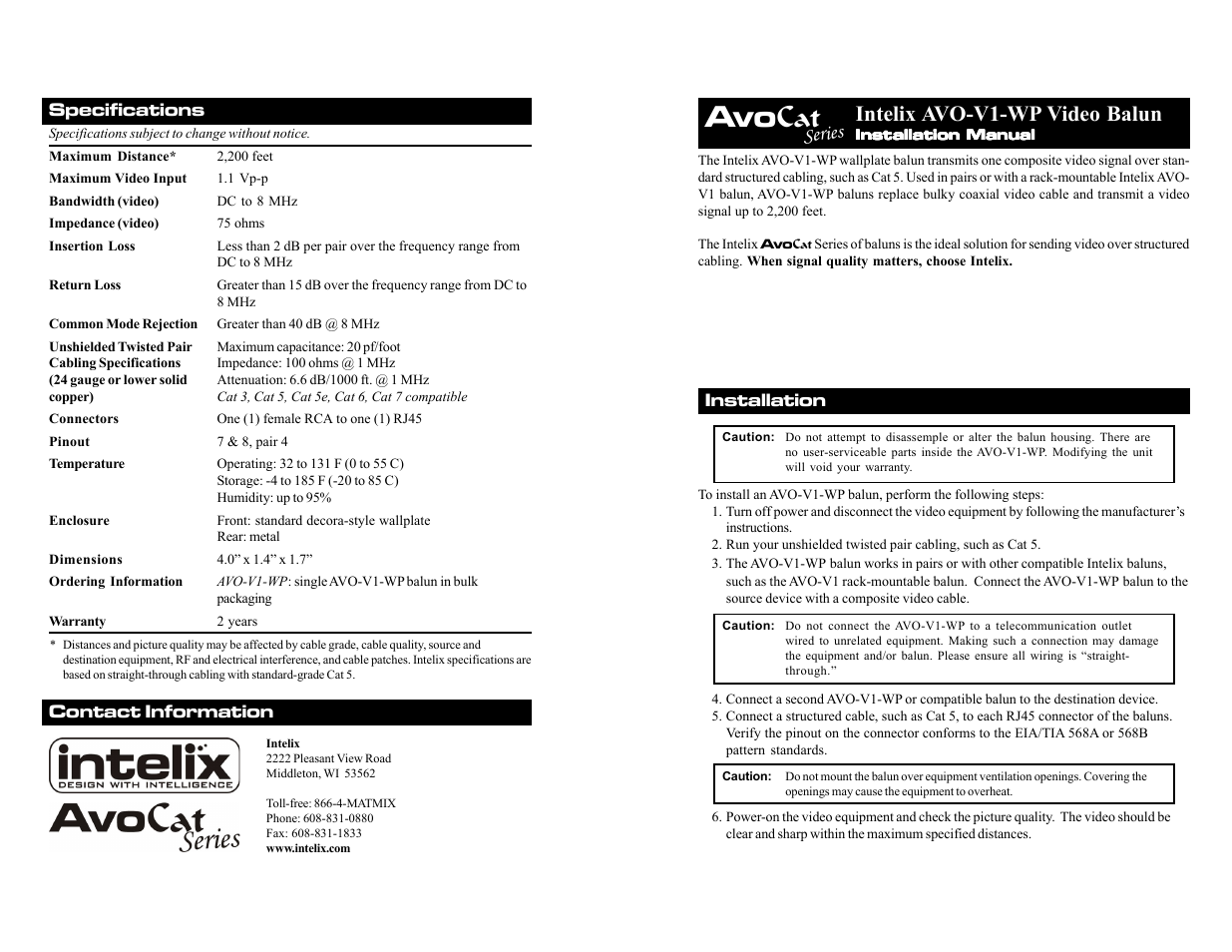 Intelix AVO-V1-WP-F User Manual | 2 pages