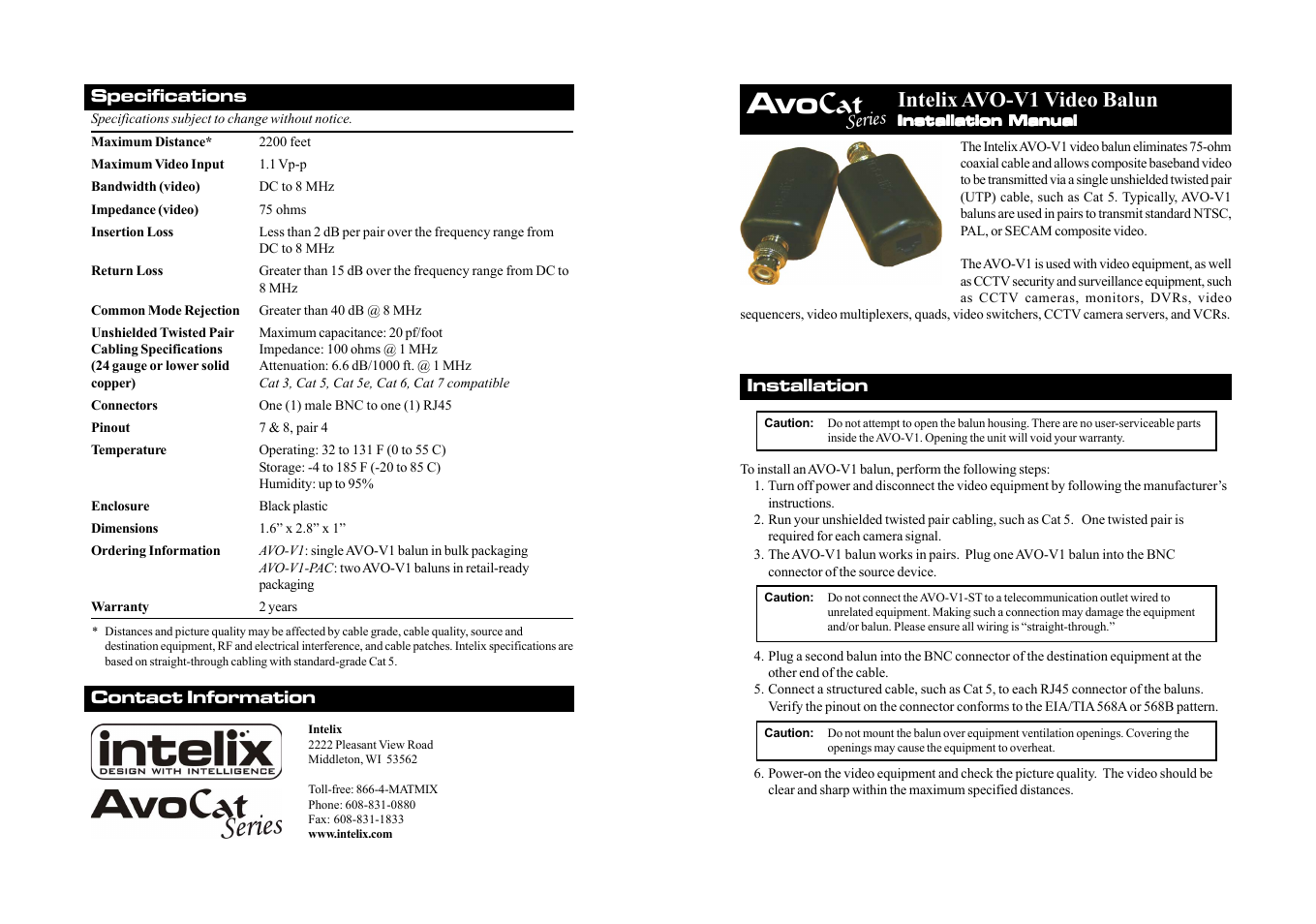 Intelix AVO-V1-PAIR-F User Manual | 2 pages