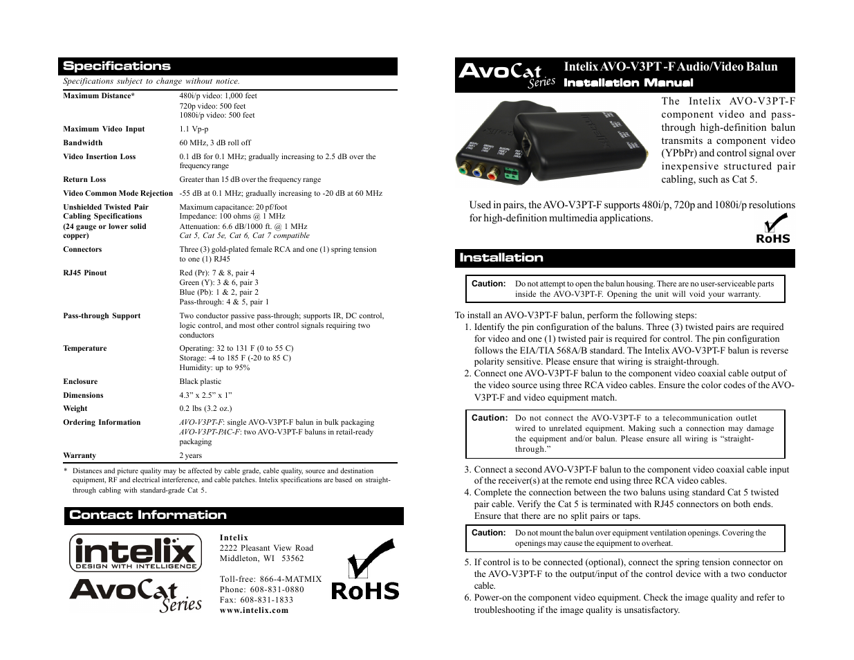 Intelix AVO-V3PT-F User Manual | 2 pages