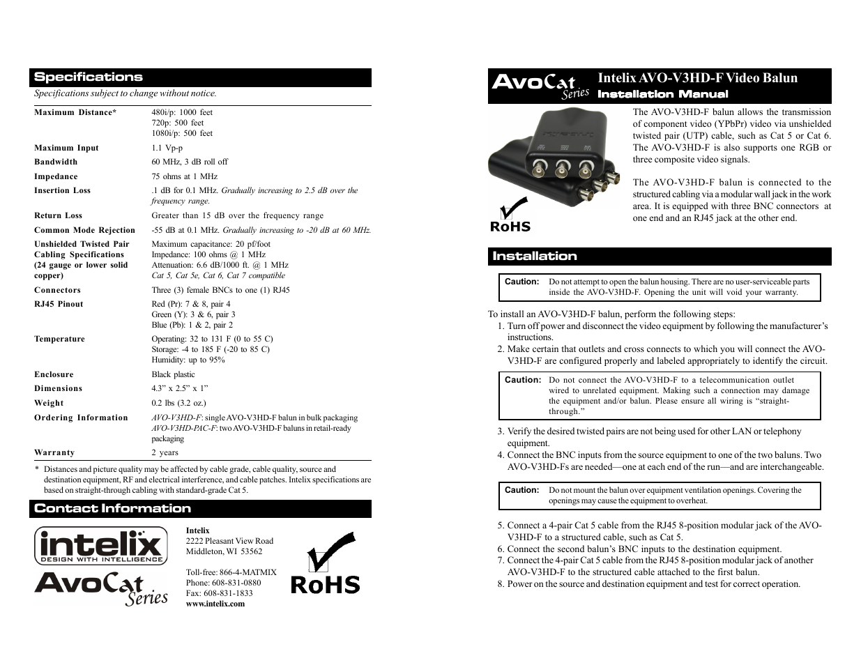 Intelix AVO-V3HD-F User Manual | 2 pages
