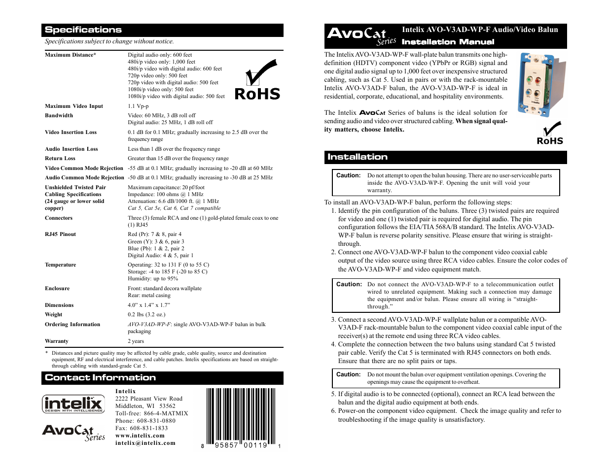Intelix AVO-V3AD-WP-F User Manual | 2 pages