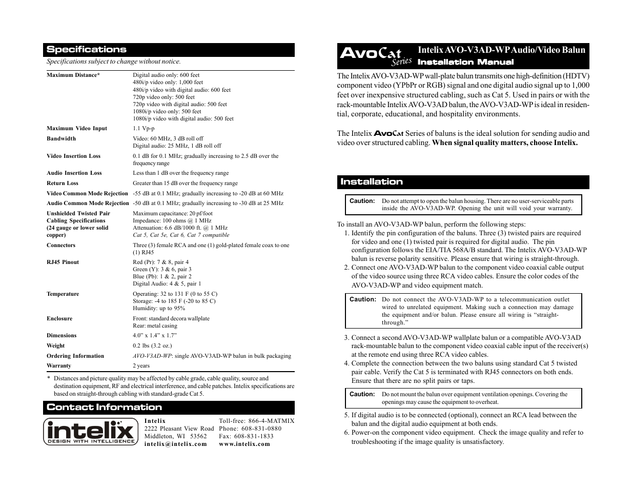 Intelix AVO-V3AD-WP User Manual | 2 pages
