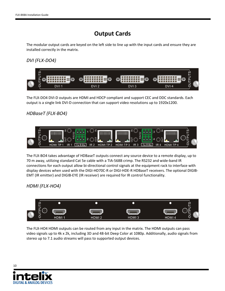 Output cards, Dvi (flx-do4), Hdbaset (flx-bo4) | Hdmi (flx-ho4) | Intelix FLX-8X8A User Manual | Page 10 / 32