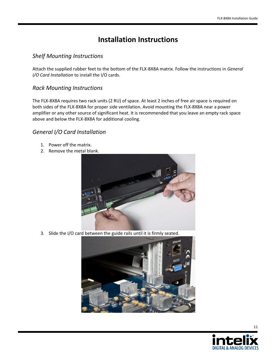 Installation instructions, Shelf mounting instructions, Rack mounting instructions | General i/o card installation | Intelix FLX-8X8A User Manual | Page 11 / 32