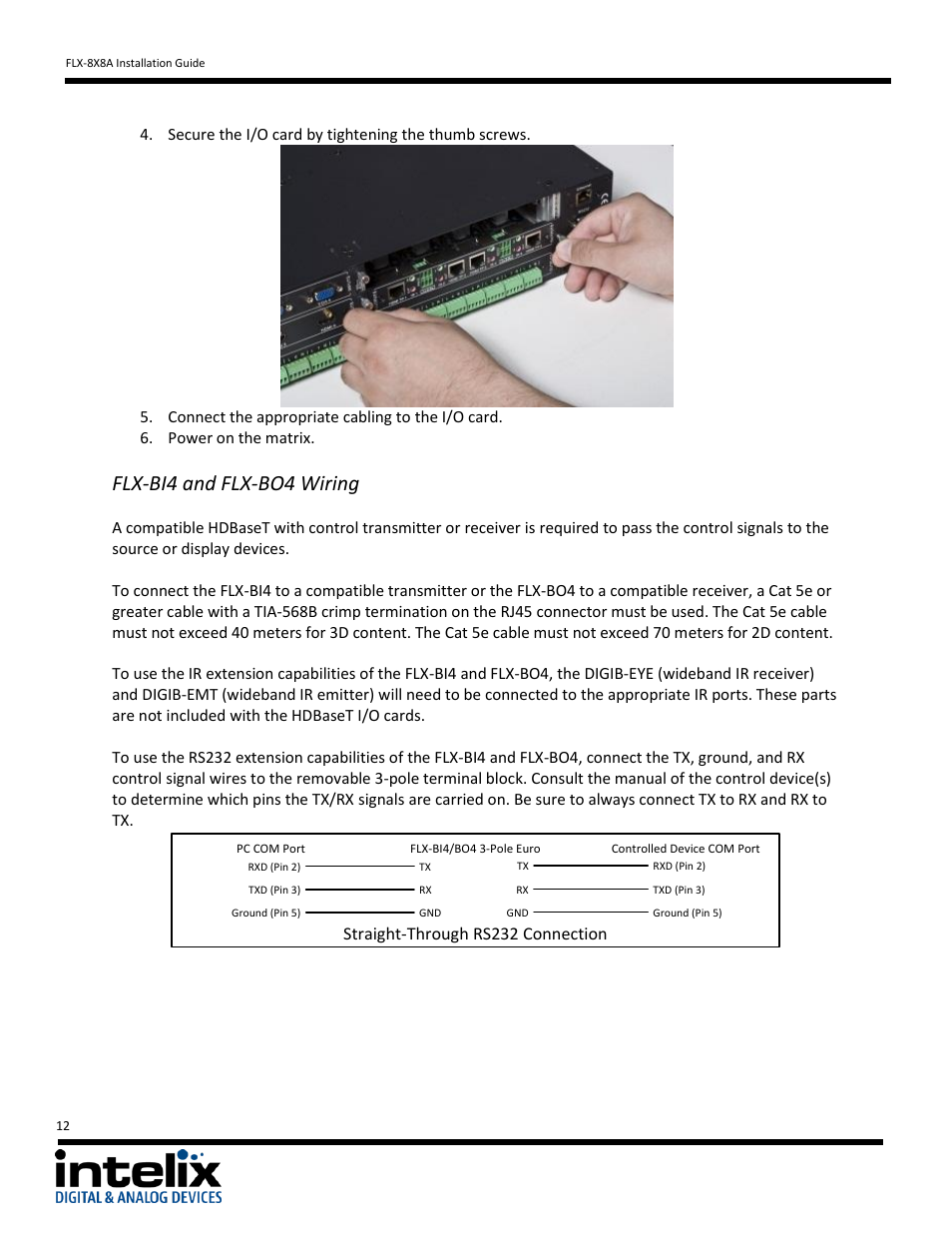 Flx-bi4 and flx-bo4 wiring, Straight-through rs232 connection | Intelix FLX-8X8A User Manual | Page 12 / 32