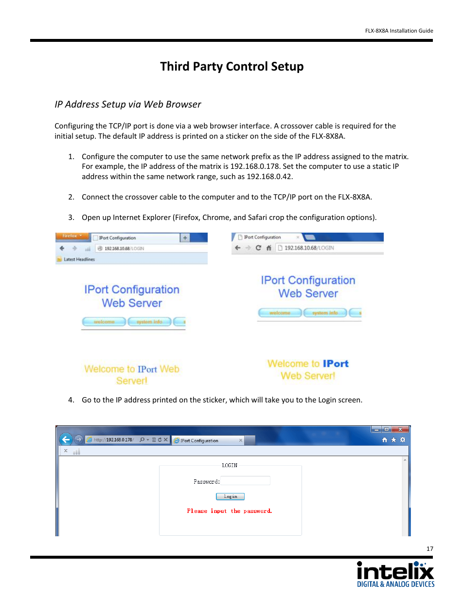 Third party control setup, Ip address setup via web browser | Intelix FLX-8X8A User Manual | Page 17 / 32