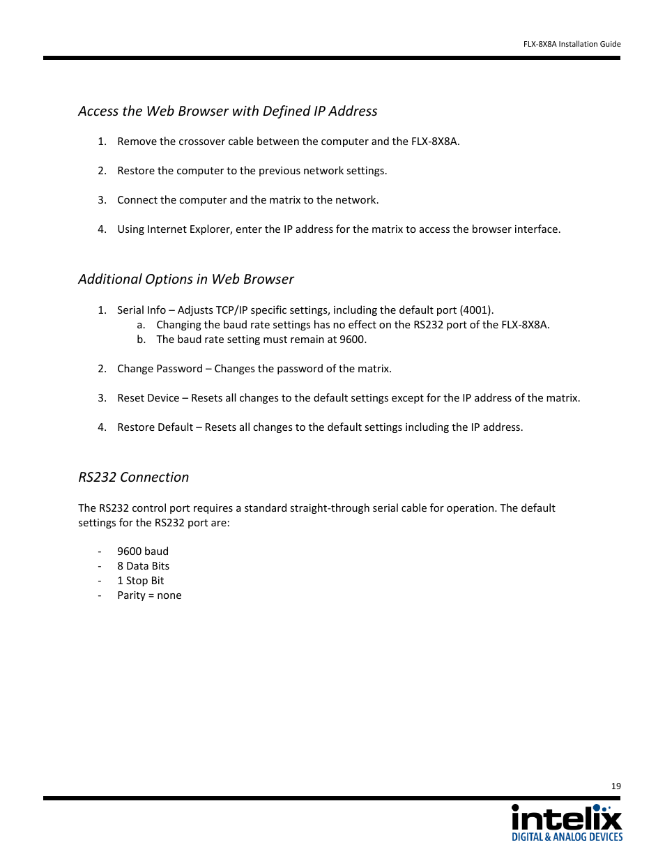 Access the web browser with defined ip address, Additional options in web browser, Rs232 connection | Intelix FLX-8X8A User Manual | Page 19 / 32