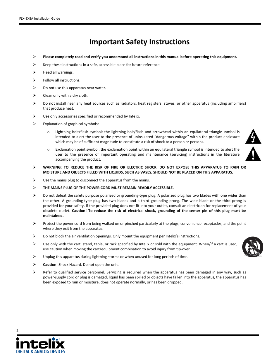 Important safety instructions | Intelix FLX-8X8A User Manual | Page 2 / 32