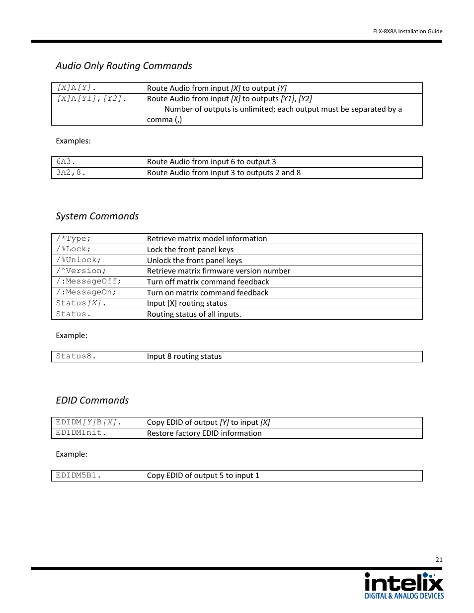 Audio only routing commands, System commands, Edid commands | Intelix FLX-8X8A User Manual | Page 21 / 32