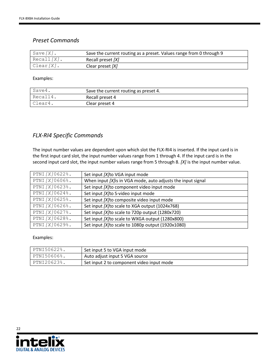 Preset commands, Flx-ri4 specific commands | Intelix FLX-8X8A User Manual | Page 22 / 32