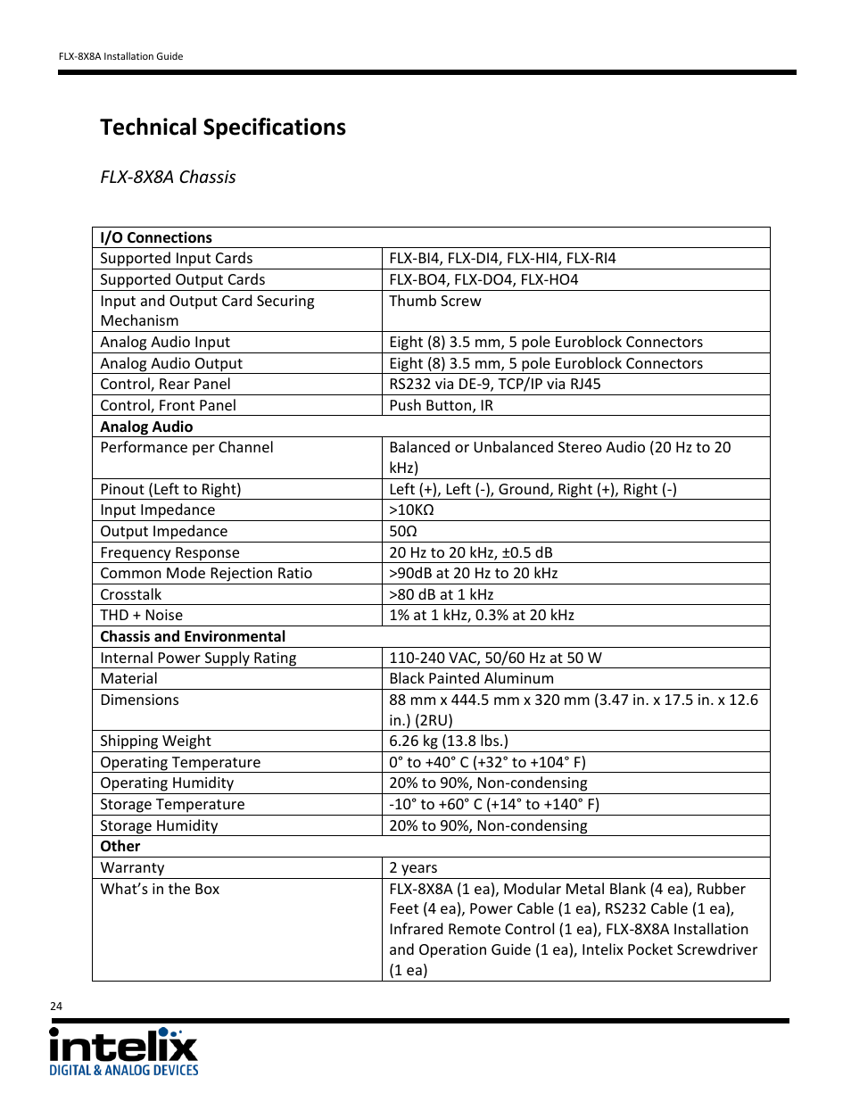 Technical specifications, Flx-8x8a chassis | Intelix FLX-8X8A User Manual | Page 24 / 32