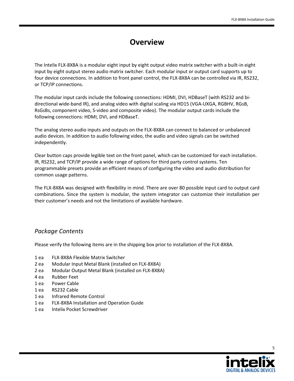 Overview, Package contents | Intelix FLX-8X8A User Manual | Page 5 / 32
