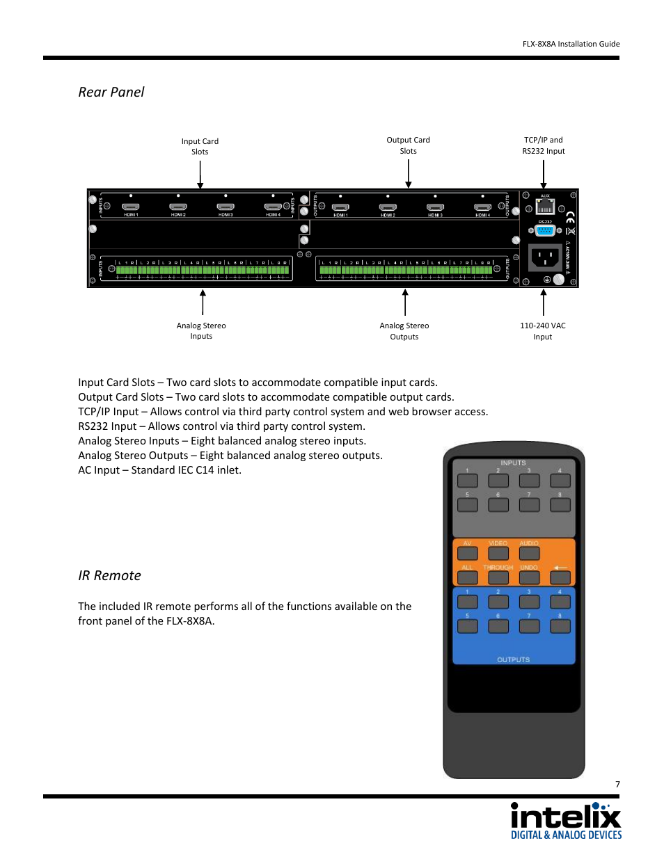 Rear panel, Ir remote | Intelix FLX-8X8A User Manual | Page 7 / 32