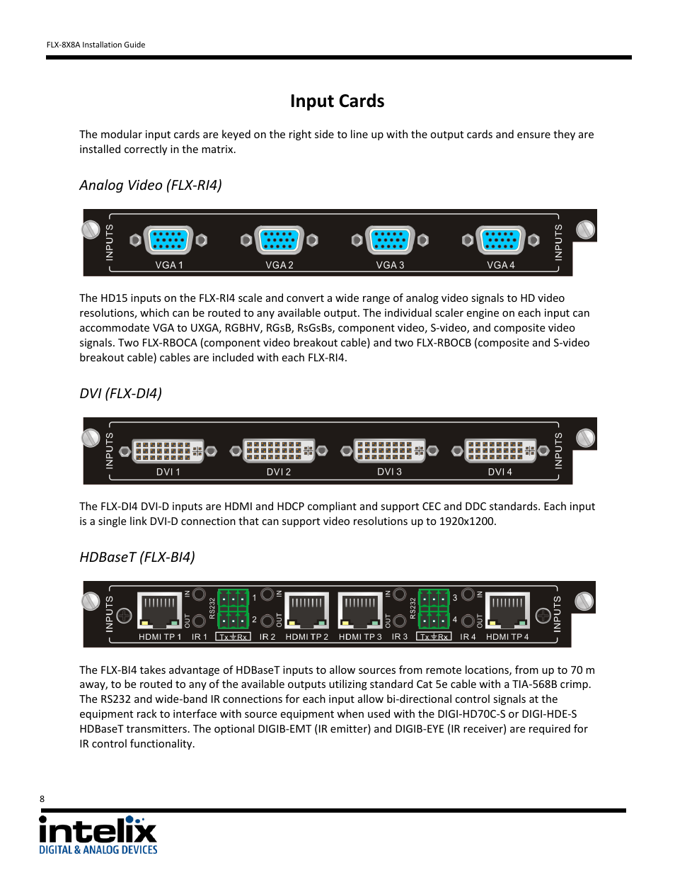 Input cards, Analog video (flx-ri4), Dvi (flx-di4) | Hdbaset (flx-bi4) | Intelix FLX-8X8A User Manual | Page 8 / 32