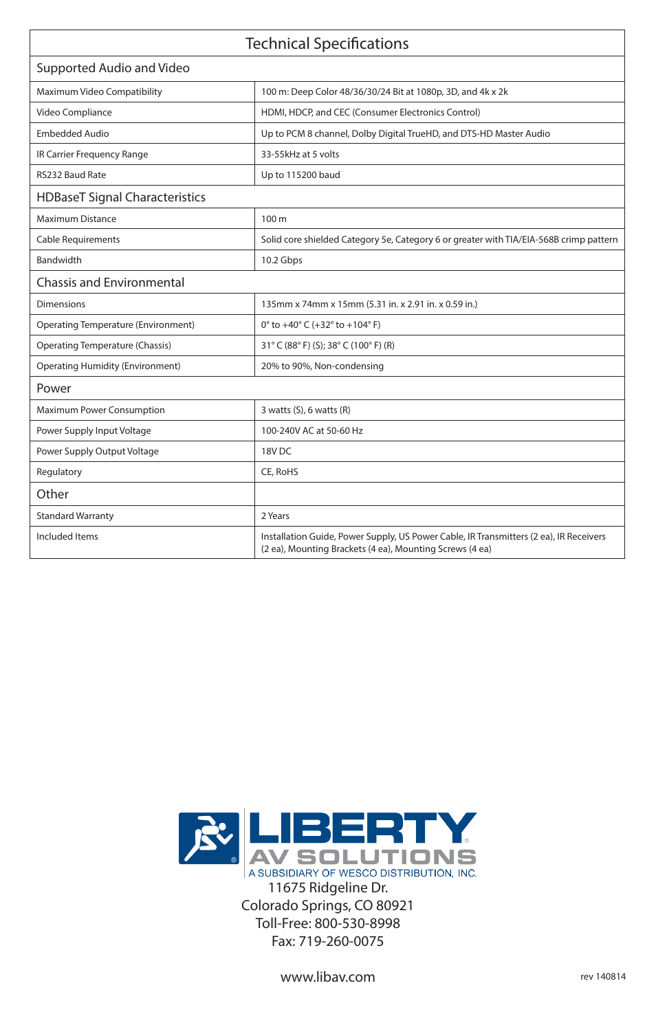 Technical specifications, Supported audio and video, Hdbaset signal characteristics | Chassis and environmental, Power, Other | Intelix DL-HDE100 User Manual | Page 4 / 4