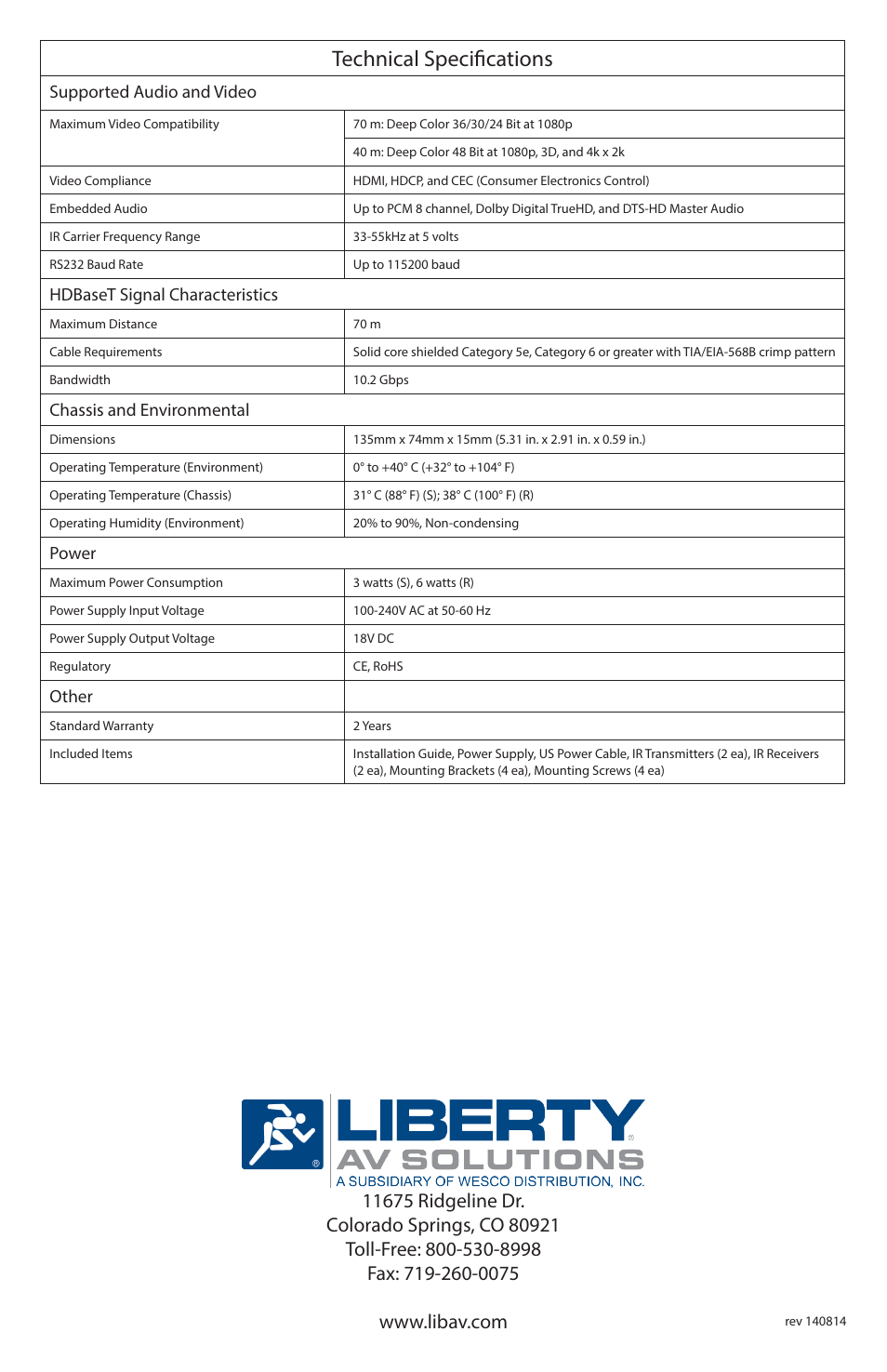 Technical specifications, Supported audio and video, Hdbaset signal characteristics | Chassis and environmental, Power, Other | Intelix DL-HD70 User Manual | Page 4 / 4