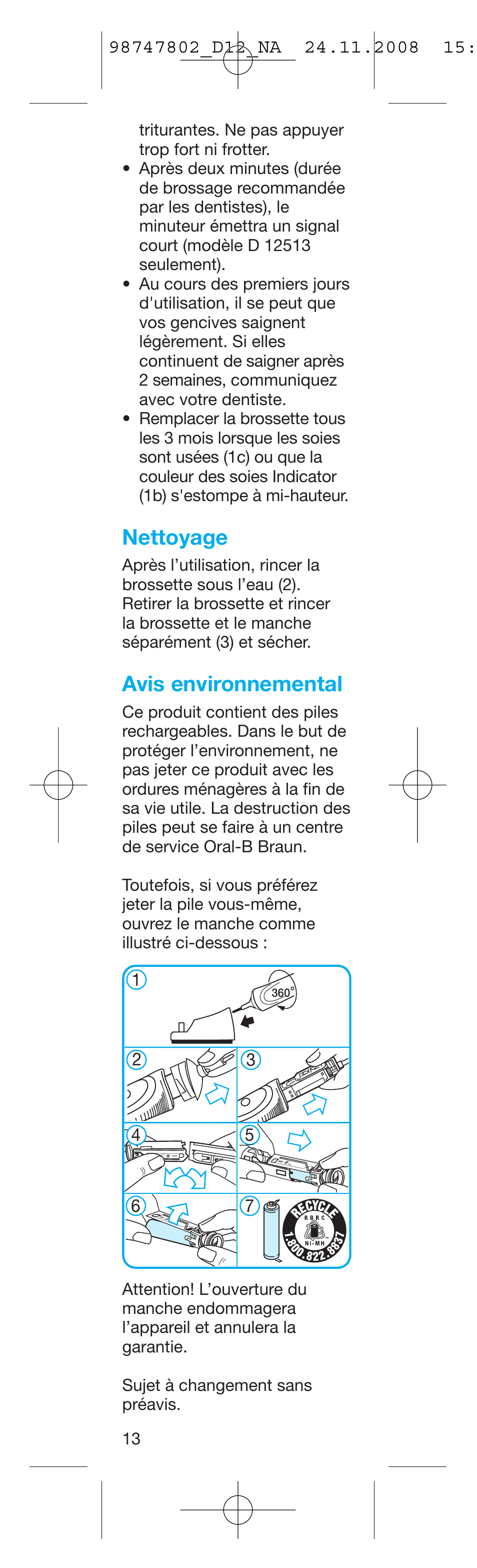 Nettoyage, Avis environnemental | Braun D12513 User Manual | Page 13 / 20