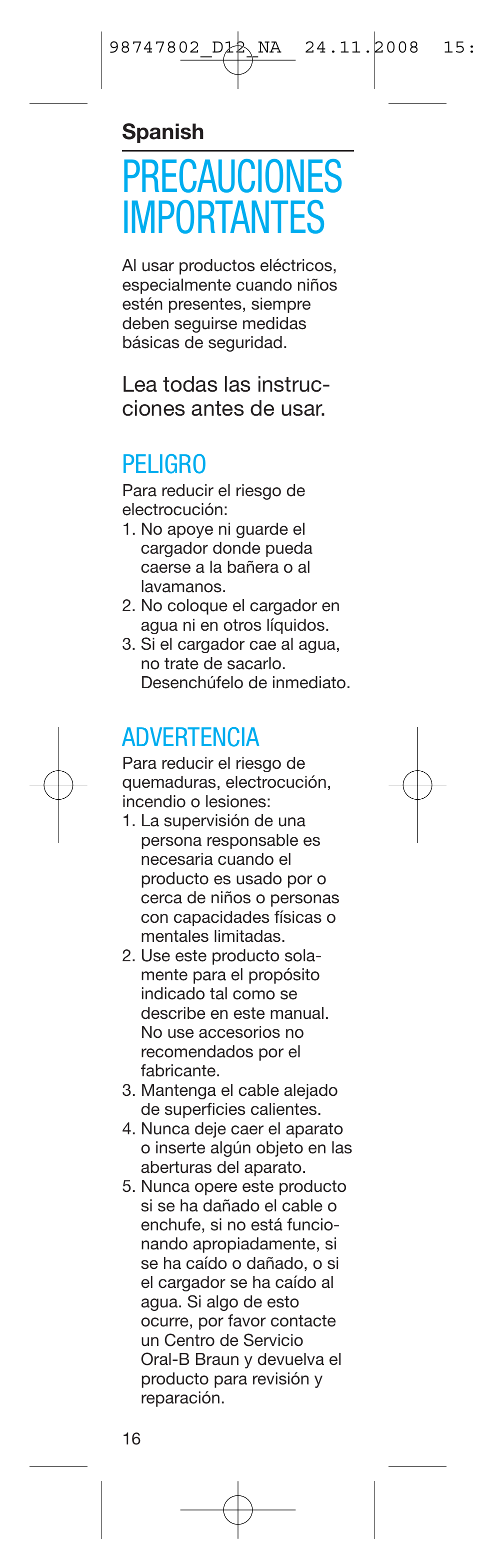 Precauciones importantes, Peligro, Advertencia | Braun D12513 User Manual | Page 16 / 20
