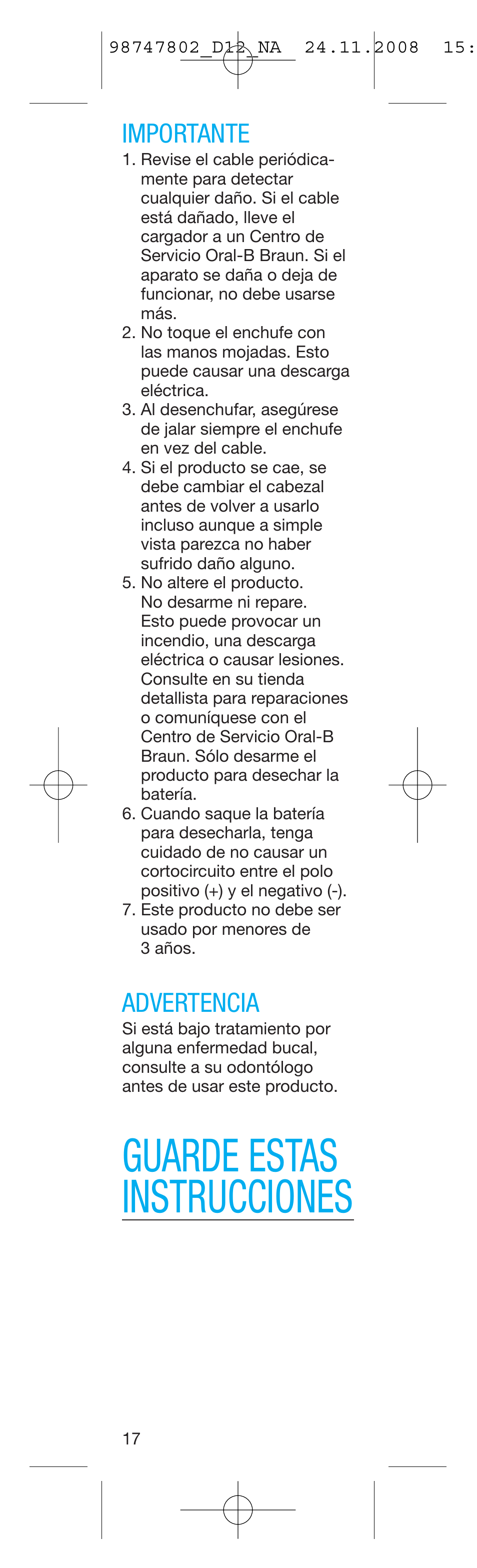 Guarde estas instrucciones, Importante, Advertencia | Braun D12513 User Manual | Page 17 / 20