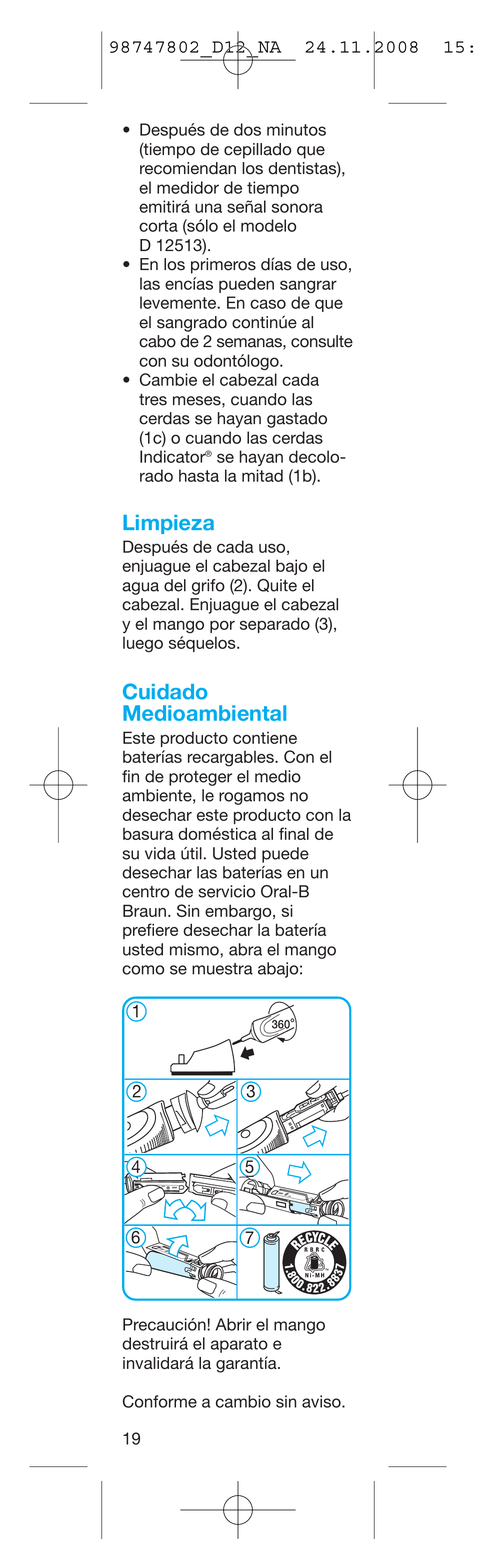 Limpieza, Cuidado medioambiental | Braun D12513 User Manual | Page 19 / 20