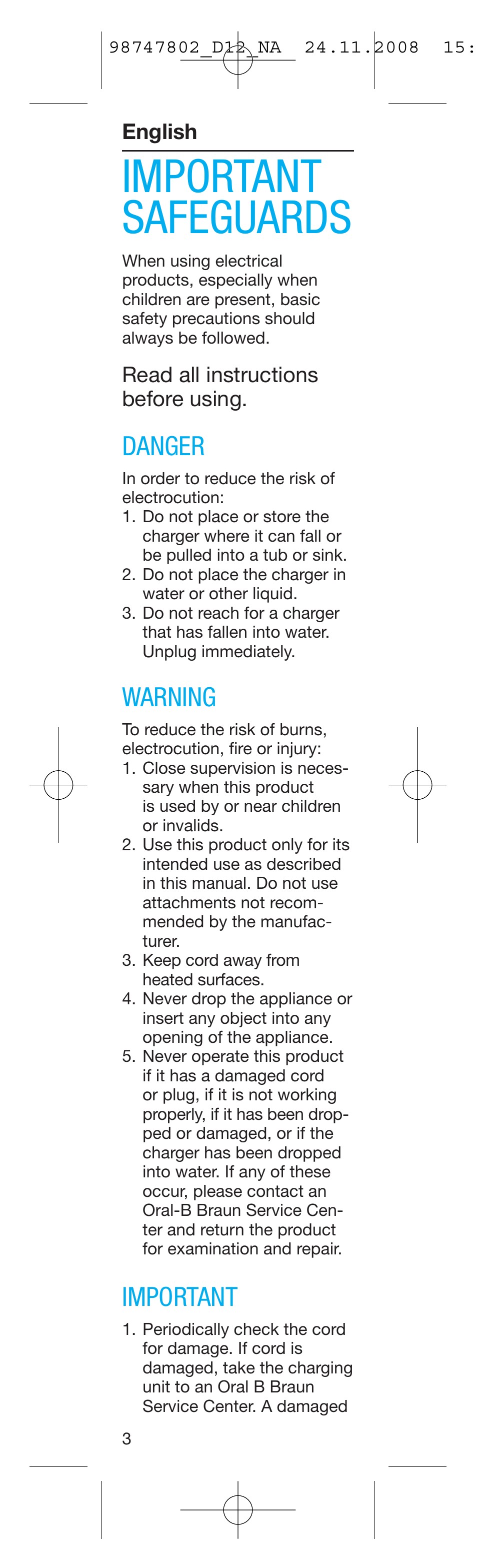 Important safeguards, Danger, Warning | Important | Braun D12513 User Manual | Page 3 / 20