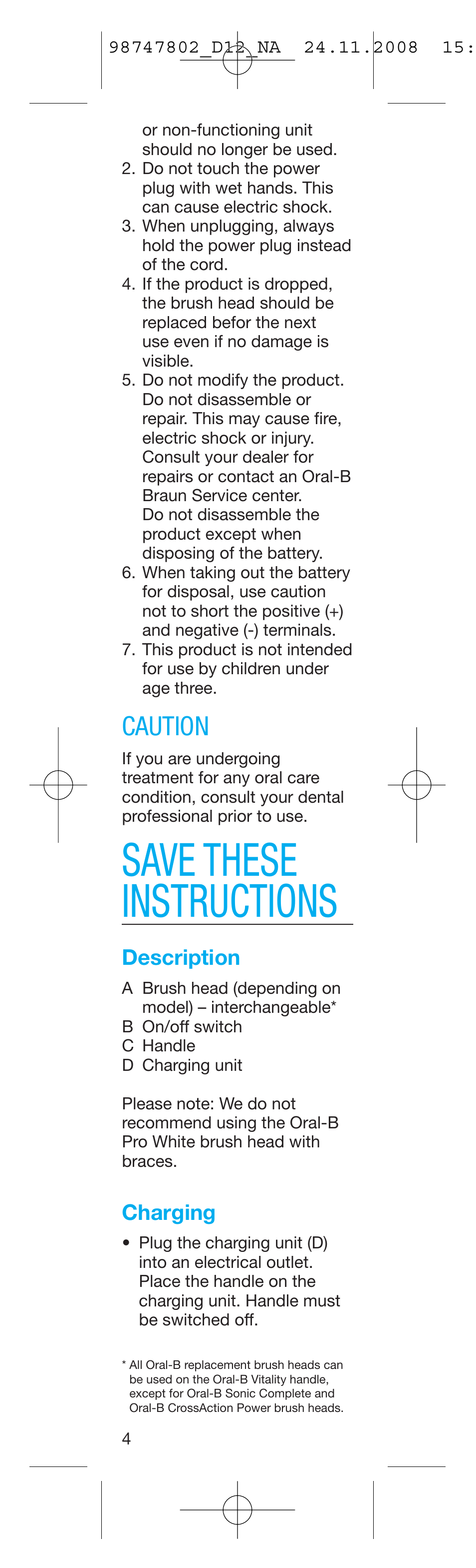 Save these instructions, Caution, Description | Charging | Braun D12513 User Manual | Page 4 / 20