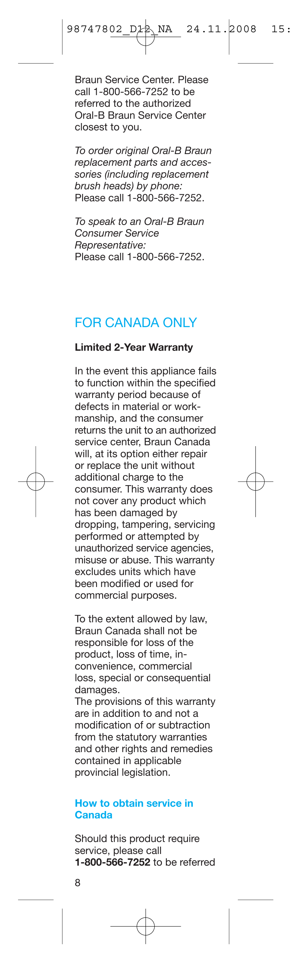 For canada only | Braun D12513 User Manual | Page 8 / 20