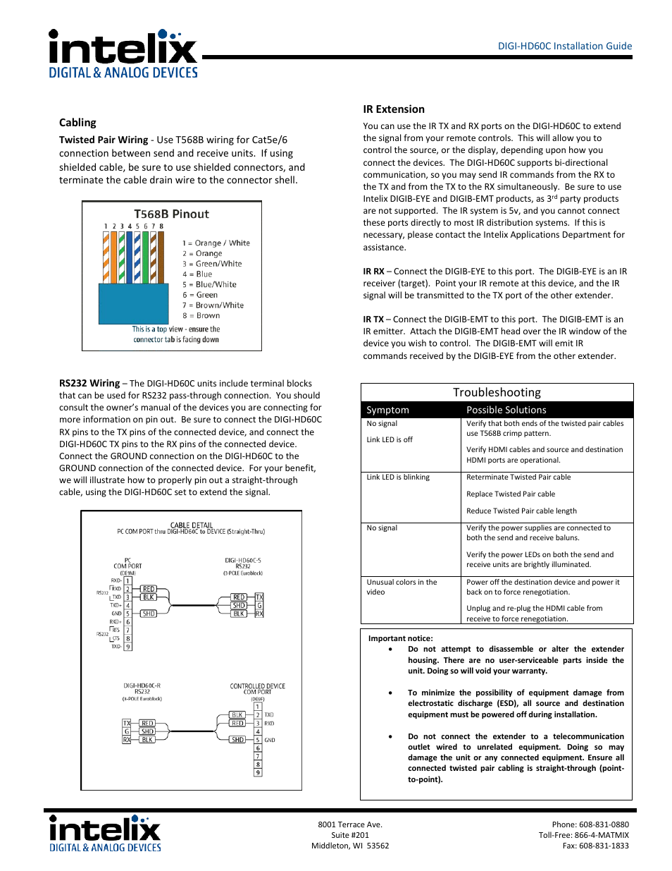 Cabling, Ir extension, Troubleshooting | Intelix DIGI-HD60C-R User Manual | Page 2 / 4