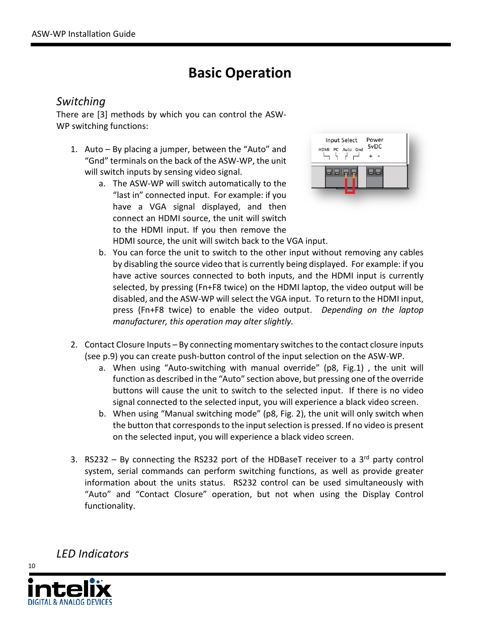 Basic operation, Switching, Led indicators | Intelix ASW-WP Installation Manual User Manual | Page 10 / 28