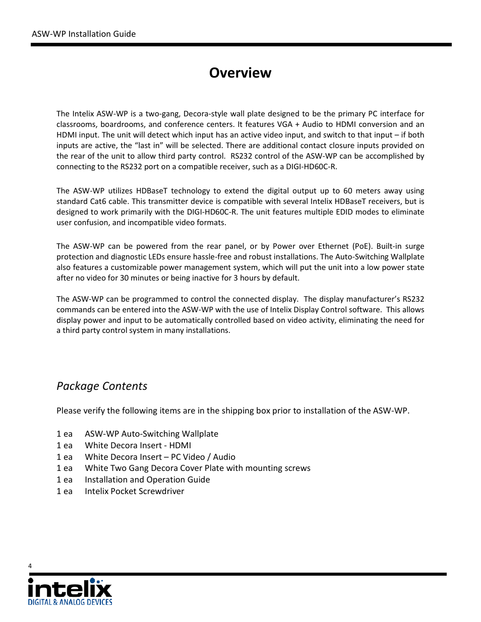 Overview, Package contents | Intelix ASW-WP Installation Manual User Manual | Page 4 / 28
