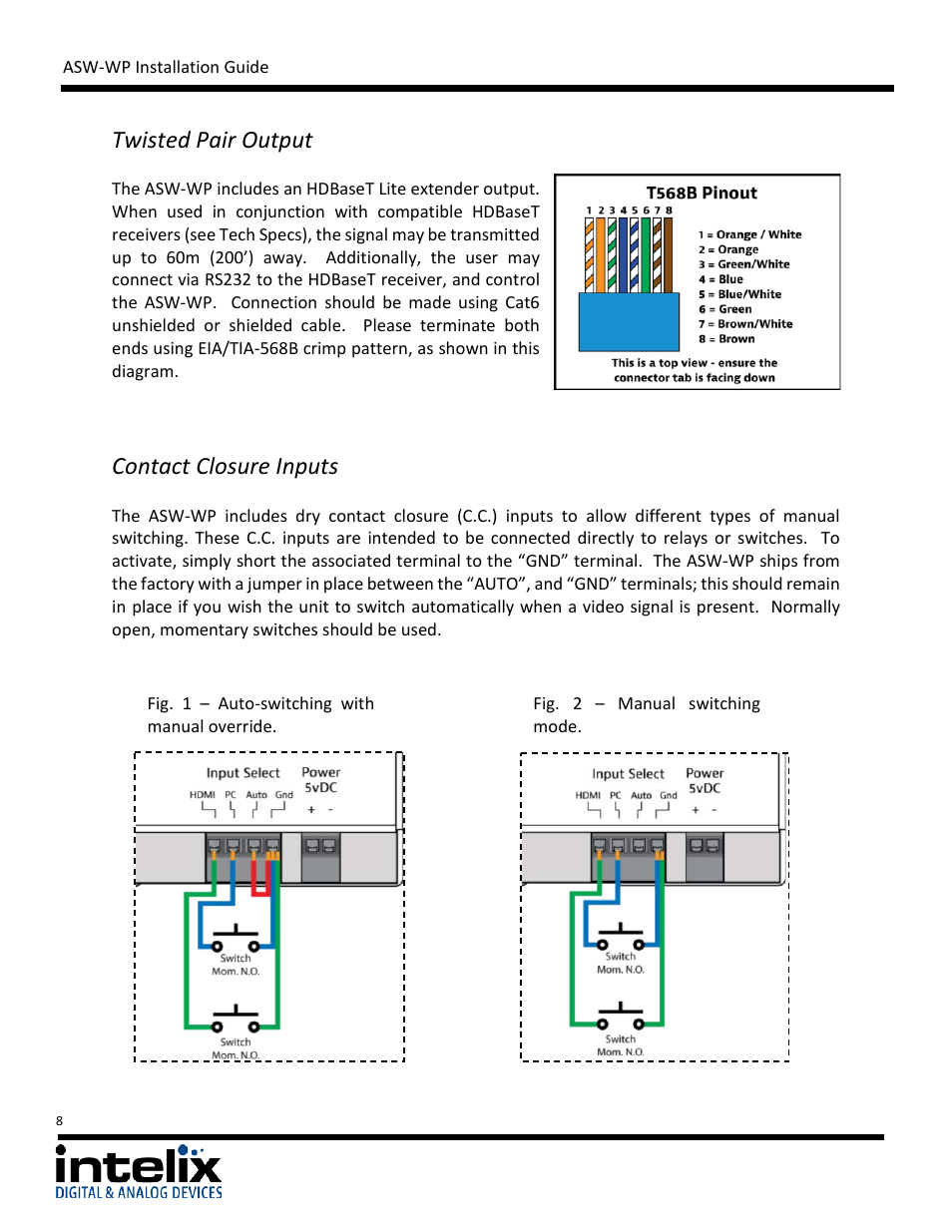 Twisted pair output, Contact closure inputs | Intelix ASW-WP Installation Manual User Manual | Page 8 / 28