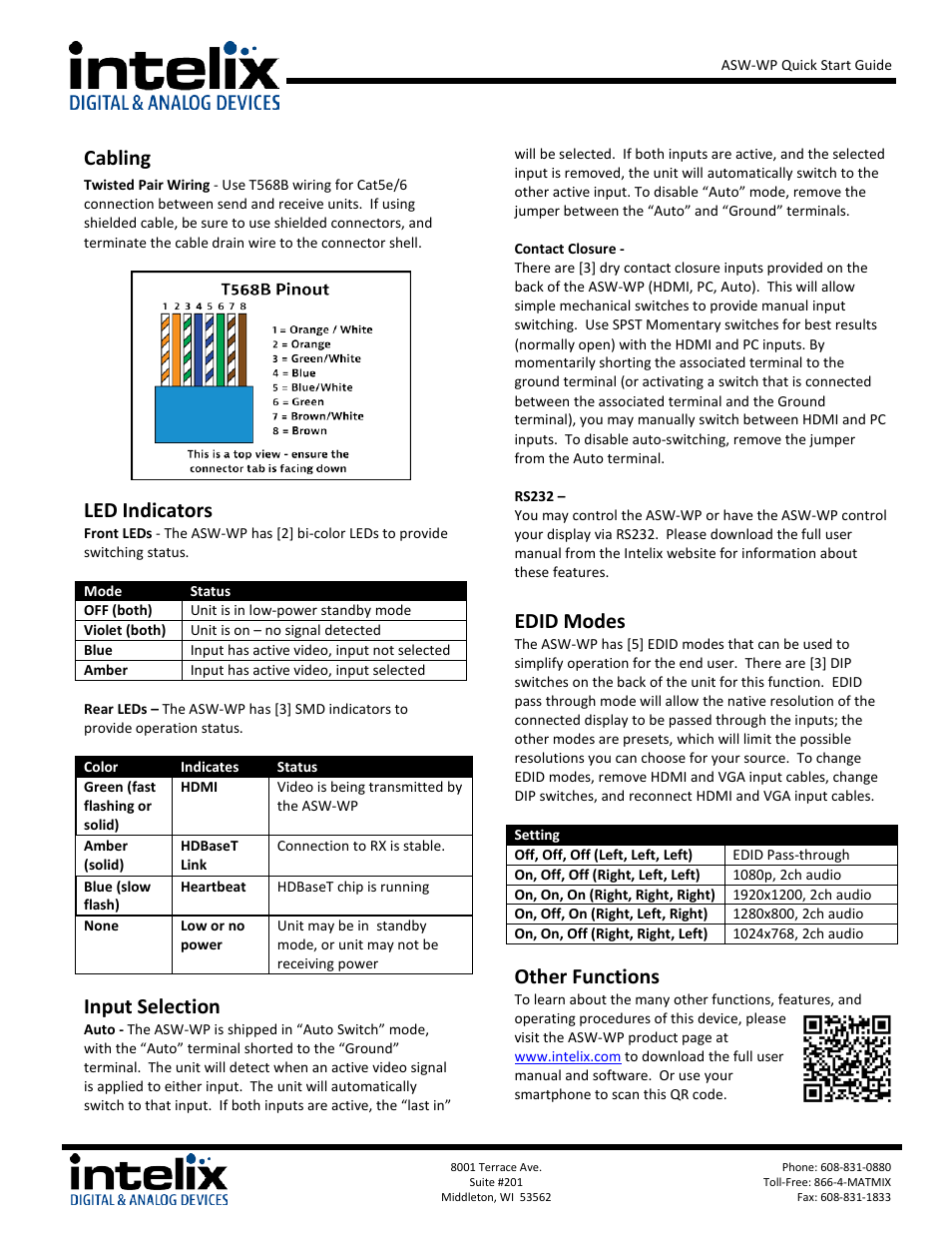 Cabling, Led indicators, Input selection | Edid modes, Other functions | Intelix ASW-WP Quickstart Guide User Manual | Page 2 / 2